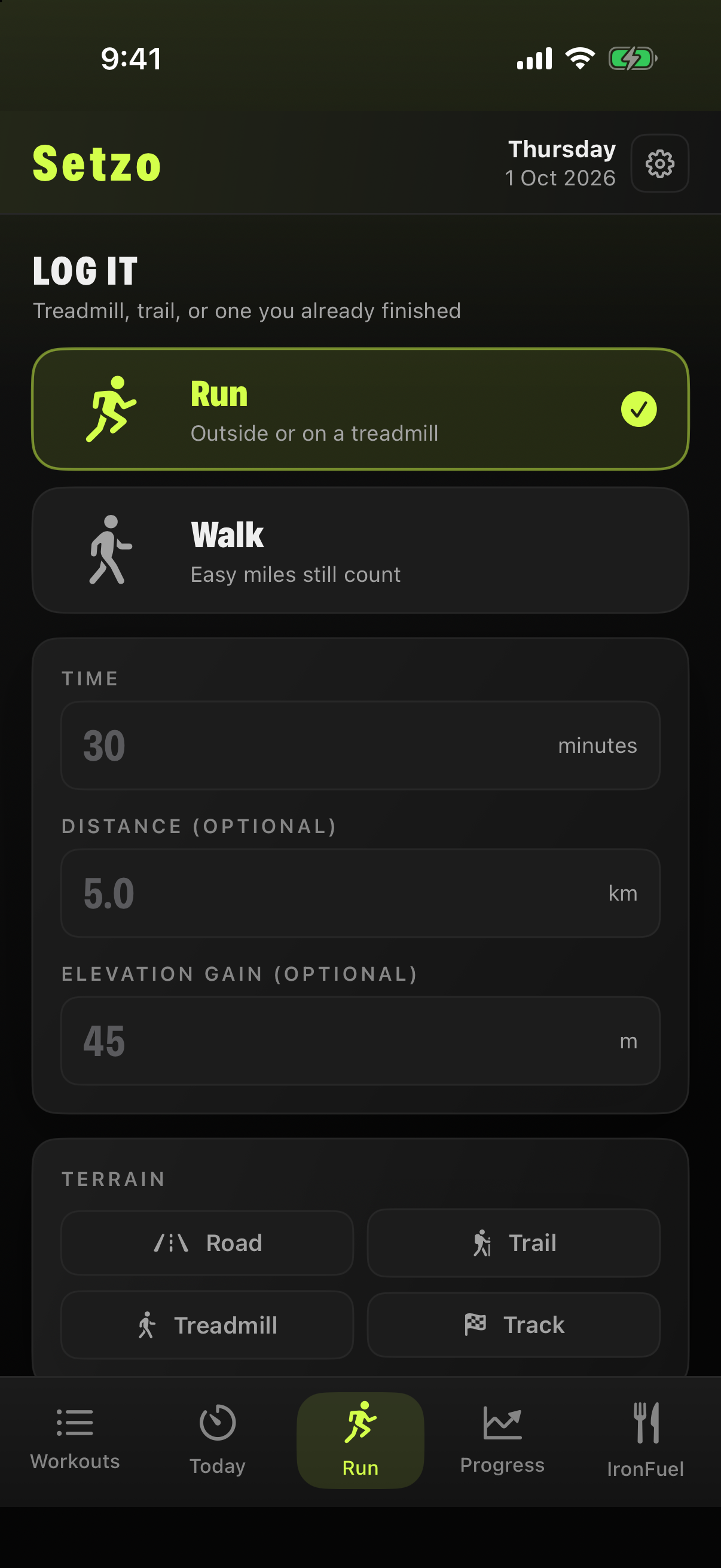 Setzo run and walk logging with time, distance and terrain